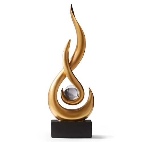 AWNR Moderne Gold-Skulptur-Dekor: Flammenstatue mit Glaskugel aus Kunstharz, abstrakte Kunstfiguren, einzigartiger Mittelpunkt für Zuhause, Wohnzimmer, TV-Ständer, Couchtisch, Bürodekoration