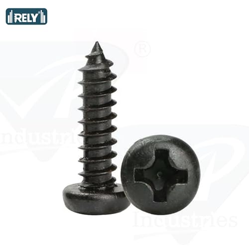 Image of Rely⇒VP INDUSTRIES (Pcs-50) No.8x38 mm Pan Phillips Head Self-Tapping Screws - Black Zinc Coated Mild Steel, High-Tensile for Wood, Plywood, Plasterboards, Cabinets & DIY Use