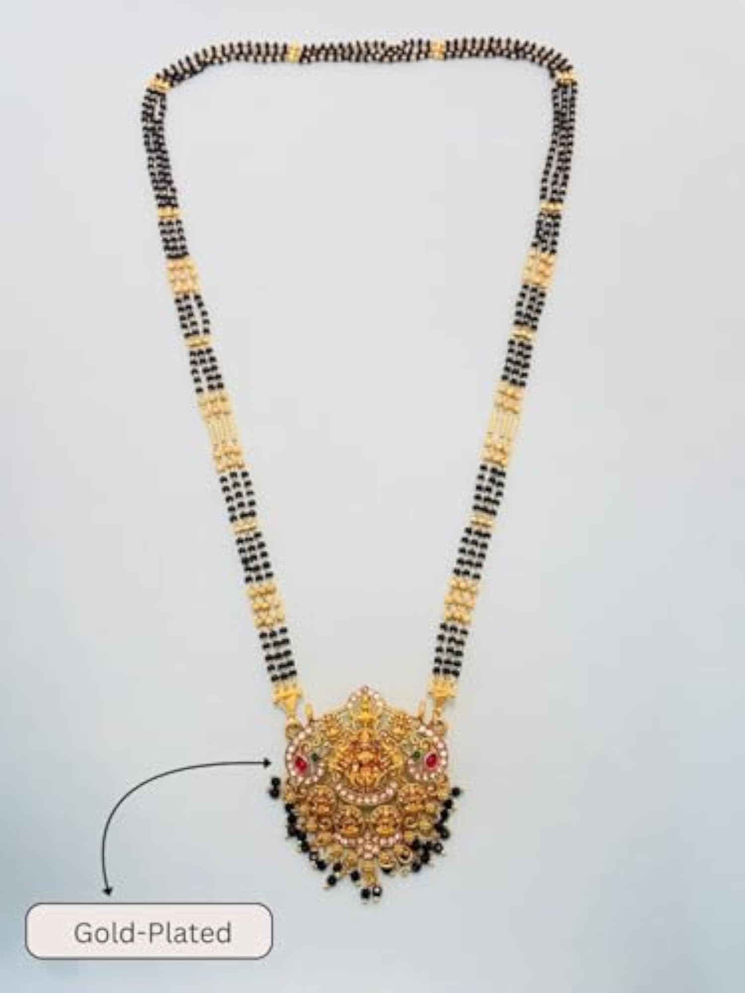 Women's Long Gold Plated Mangalsutra with Black Beads