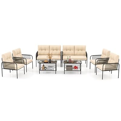 Tangkula 8 Pieces Patio Furniture Set, PE Rattan Sofa Chairs with Loveseat, Tempered Glass Coffee Table and Soft Cushions, Outdoor Conversation Set for Porch, Backyard, Garden and Poolside (8 PCS)