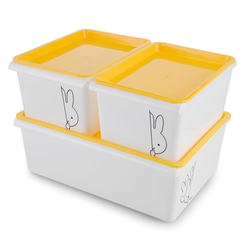 Image of Nayasa Lego Print Stack N Store Plastic Storage Boxes with Lid & Side Handle | Multipurpose Storage Stackable Box | Strong and Durable | Set of 3, 5 L & 12 L | Small + Big | Yellow