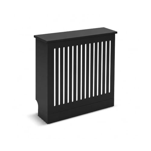 Image of Jack Stonehouse Vertical Slat Black Wooden Radiator Cover with Base Riser | Sturdy Stylish Modern MDF Gloss Rad Heater Grille Cabinet | Line Covering Slats Ventilation Guard Cab - Small