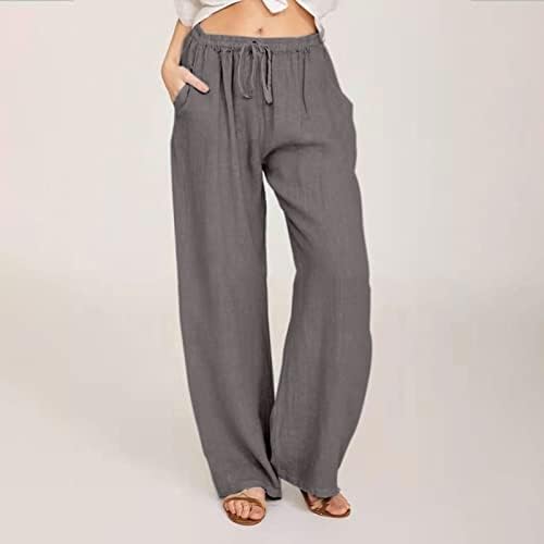 Womens Cotton Linen Pants 2026 Summer Casual Palazzo Pants Drawstring Wide Leg Vacation Beach Trousers with Pockets