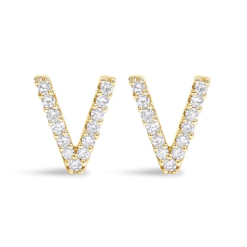 10K Yellow Gold 1/10 Cttw Diamond 'V' Initial Stud Earring