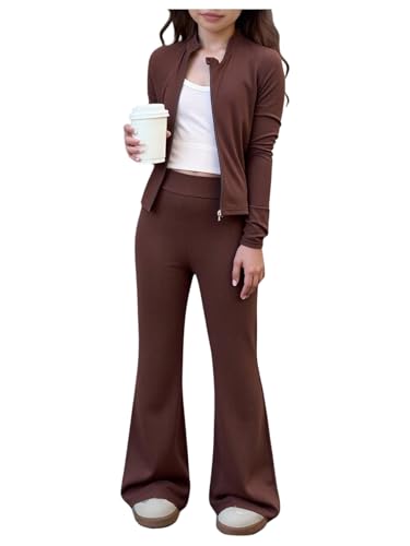 Milumia Girl's 2 Piece Outfits Zip Up Long Sleeve Jacket Top and Flare Pants Sets Coffee Brown 10 Years