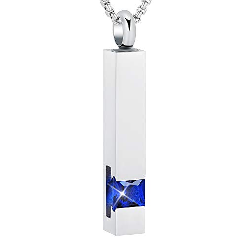 Inlay Multi-Colored Square Crystal Bar Cremation Urn Necklace Holder for Ashes - Engravable (Dark Blue Stone)