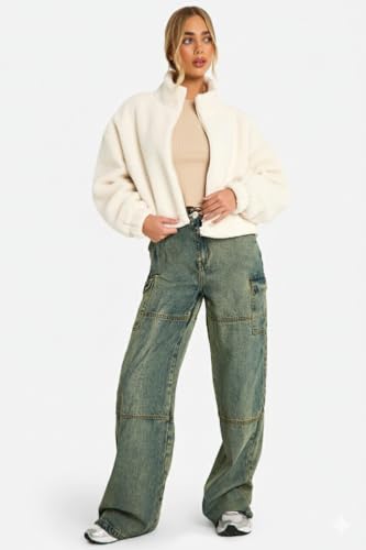 Women's Teddy Jacket, Cream White Faux Fur, Cropped Length, High Neck, Winter Casual Outerwear (M)