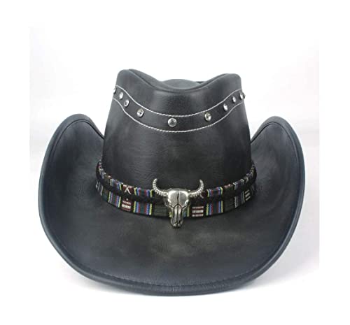 RHXWFDG 100% Leder Schwarzer Cowboyhut mit breiter Krempe für Männer und Frauen Klassischer Western-Cowboyhut mit Schweißgürtel Cover