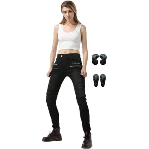 HULG Pantaloni da Moto da Donna,Pantaloni da Moto Biker Jeans Protezione Motorcycle Pantaloni Rinforzato Slim Fit Armature Pants, 4 X Pad di Protezione (Black,XS)