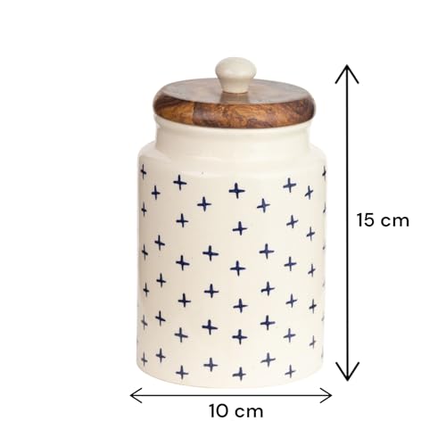 Image of Airtight Ceramic Jars (Pack of 2) - 900ml Each - Wooden Lid - Kitchen Containers for Sugar, Tea, Salt, Pickles, Pulses & More (Blue Pus)