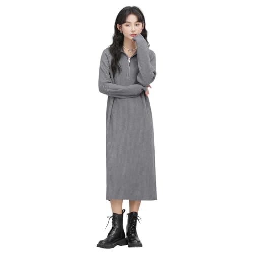 [maytopia] 秋冬 ニットワンピース レディース ロング丈 ミモレ丈 ジップアップ セーター ワンピ 長袖 ゆったり 体型カバー カジュアル おしゃれ 通勤 通学 LYQ34 (グレー)の商品画像（Amazon）