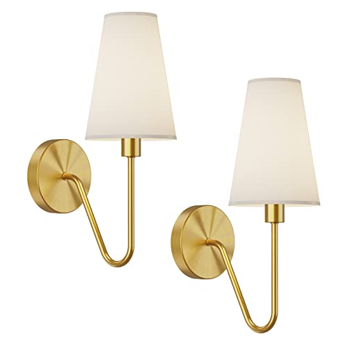 Electro bp;Single Head Classic 1 Light Wall Sconce Lighting Fixture Gold with Cream White Linen Fabric Lamp Shades E12 40W Hardwired (Set of 2);