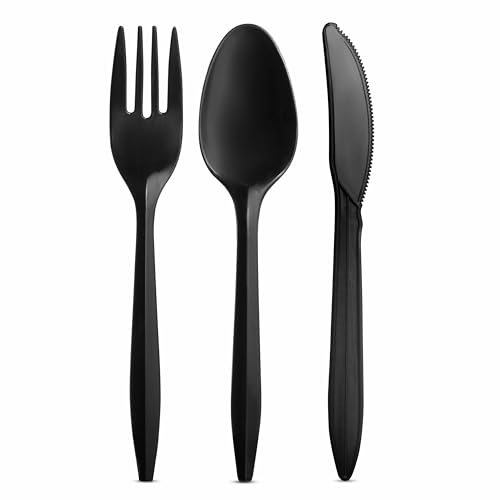 1000 Count Black Silverware Set, 334 Forks, 333 Spoons, 333 Knives, Medium Weight BPA Free Disposable Plastic Cutlery Set, Bulk Combo Pack Flatware Set for Party Supplies - Thumbnail 4