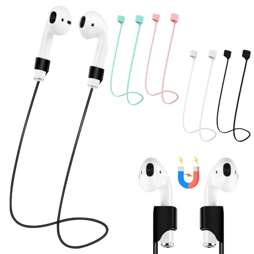 Magnetic Anti-Lost Straps for AirPods 4PCS AirPods Accessories Soft Silicone Sports Lanyard Ultra Strong Magnetic Neck Rope Cord Compatible with AirPods 1&2 Pro 2nd 3rd (Black+White+Pink+Green)