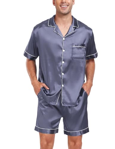 Image of SWOMOG Men Satin Silk Pajamas Sets Short Sleeve Sleepwear Button-Down PJs Sets Two-Pieces Loungewear with Pockets