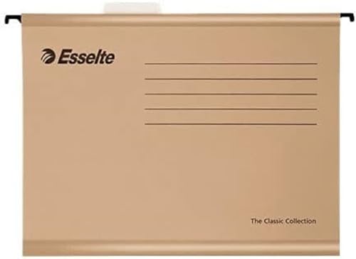 Esselte 93291 Classic - Carpeta colgante reforzada, Tamaño folio, Cartón kraft reciclado, Visor de plástico transparente, Natural, Caja de 50
