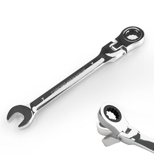 Egofine Clé à cliquet à tête flexible de 7 mm, clé mixte à cliquet métrique, clé à engrenage de qualité industrielle avec extrémité boîte à 12 points, cliquet à 72 dents, acier au chrome vanadium