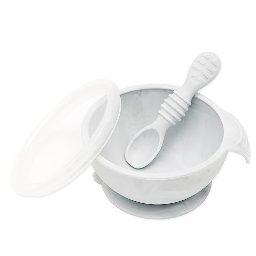 Bumkins Baby Bowl, Silicone Baby Feeding Set with Suction for Baby and Toddler, Includes Spoon and Lid, First Feeding Set, Essential for Baby Led Weaning for Babies 4 Months, Marble by Bumkins - Used condition - US$10.97