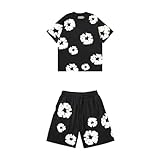 muzoira Conjunto de camiseta y pantalones cortos de hip hop para hombre, conjunto casual de ropa urbana de 2 piezas, Negro, S