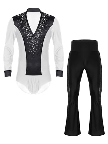RUNQHUI - RUNQHUI Costume Danse Patinage Artistique Gymnastique Homme Justaucorps et Pantalon Ensemble Tenue Spectacle, Blanc noir, XXL