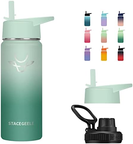 STACEGEELE Insulated Vacuum Water Bottle with Spout Lid & Straw Lid & One-Touch Lid | Stainless Steel Flask for Travel and Outdoor Leak Proof Lightweight Eco Friendly 64oz