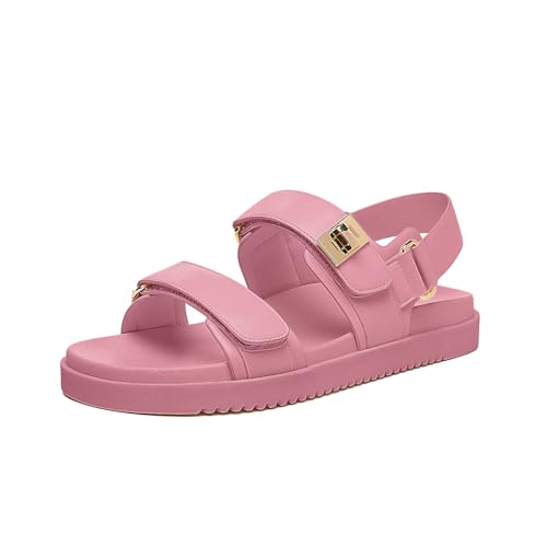 Rihero Women's Flat Sandals Comfort Adjustable Double Strap Slip on Leather Footbed Pink Sandals with Back Strap Size 9.5 by Rihero - Used condition - US$18.08