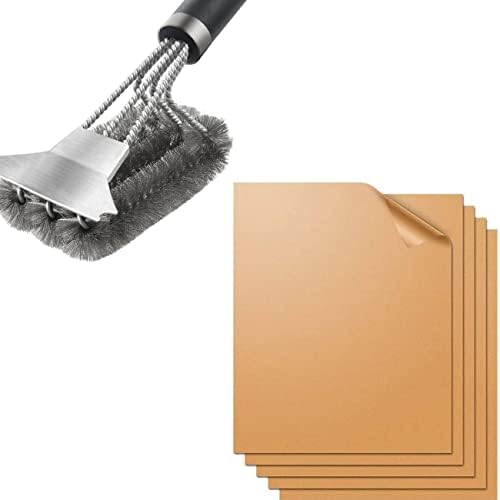 JSvsa Grill Brush and Grill Mat, 100% Non-Stick Oven Liner, with 18 Inch Grill Brush Reusable Oven Mat Dishwasher Safe, Works for Gas Charcoal Oven and More, Copper