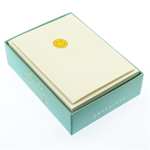 Image of Graphique Smiley Face La Petite Presse Boxed Notecards - 10 Embossed and Embellished Gold Foil Yellow Smiley Face Emoji Blank Cards with Matching Envelopes, 3.25 inch inch x 4.75 inch inch inch (L1333CB)