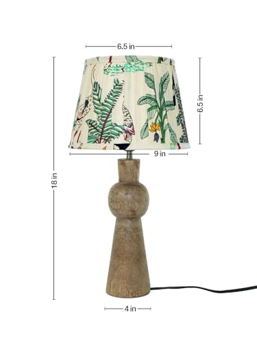 Image of Green Girgit Wooden Skirt Brown Table Lamp with Pleeted Multicolor Green Shade, Bedside Night Lamp with Printed Shade, Modern LED Lighting, E27 Bulb Compatible, Corded Electric, 6.5X9X18 inches