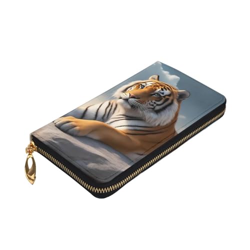 Majestic Tiger Resting on a Rock with Cloudy Sky Prints Leather Long Clutch Wallet for Fashionable Girls and Women - Durable, Stylish, and Functional, Black, One Size3
