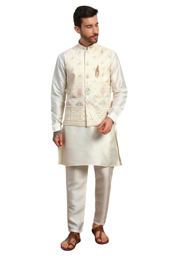 Pro-Ethic Style Developer Mens Heavy Cotton Silk Sequence Kurta Trouser Set With Waistcoat (Nehru Jacket) (C-118) Cream Large
