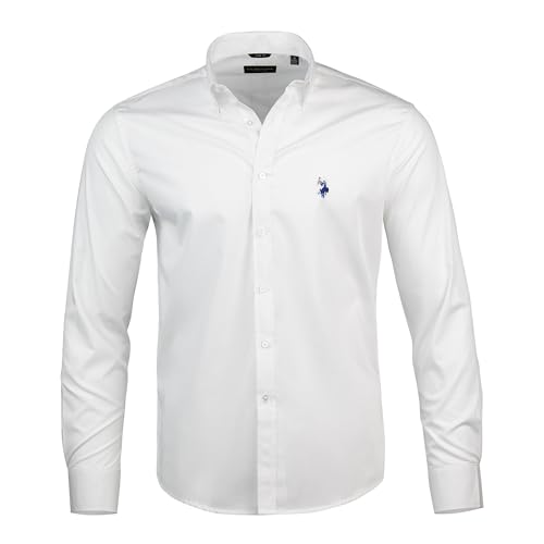 U.S. Polo Assn. Camisa social masculina de manga comprida com botões de ajuste regular, sem rugas, manga comprida, com stretch formal, Branco liso, M