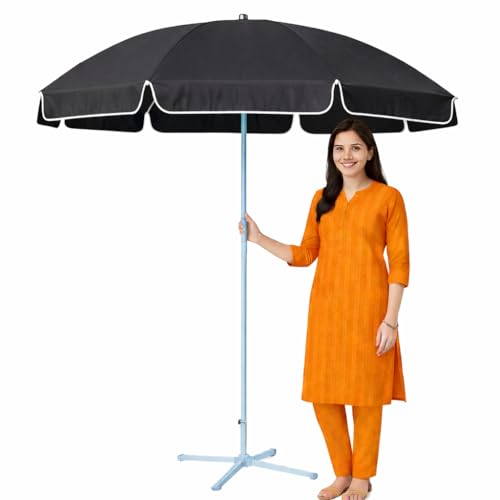 Image of Garden Umbrella Black Color With Stand Sun & Rain Protection Outdoor Patio Garden Umbrella 7Ft (Black)