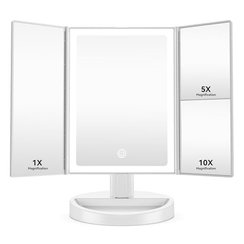 Auxmir Espejo Maquillaje con Luz, 1X/5X/10X Espejo Aumento de Mesa Tríptico, 34 Luces LED con Pantalla Táctil Ajustable, Giratorio 180°, Blanco
