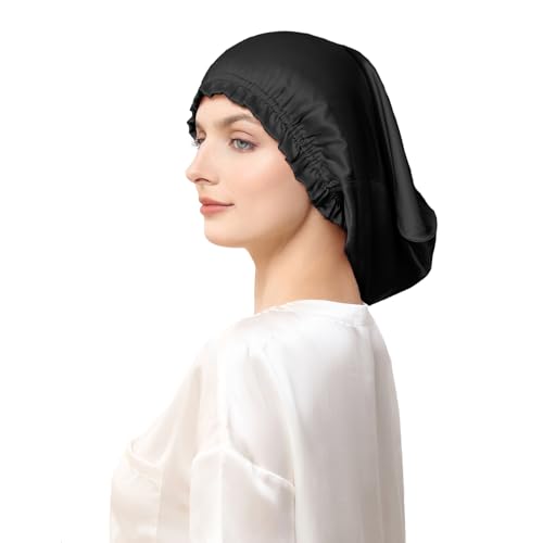 THXSILK 19 Momme 100% Mulberry Silk Bonnet for Sleeping, Short Hair, Black