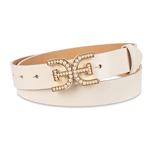 Sam Edelman Women's Pearl Embellished Double-E Logo Plaque Buckle Belt, Ivory, Large