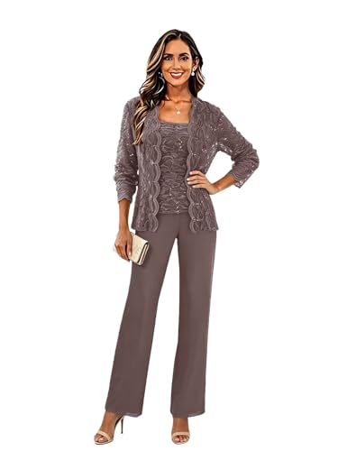 3 Piece Mother of The Bride Pant Suit Purplish Grey Chiffon Funeral Outfit 2026 Summer Wedding Guest Outfit for Women Spring US26W