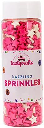 Tastycrafts Edible Star Shaped Sugar Sprinkles for Cake Decoration | Star Candy for Cake Decor | for Cake Decorations & Toppings | for Dessert, Cakes, Cupcakes, Waffles, Cookies (Pink & White)