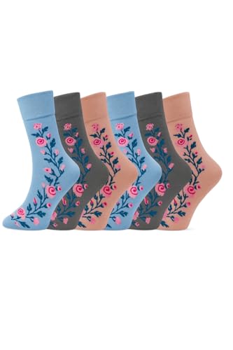 ARG 6 PAIRS WOMENS NON ELASTIC DIABETIC SOCKS LADIES EASY GRIP LOOSE SOFT TOP COTTON SOCK FOR SWOLLEN FEED ODEMA FRIENDLY UK 4-8 (Cotton, Floral)