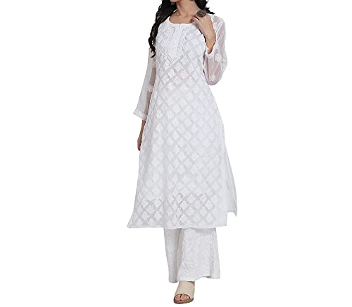 Kurti for Women Chikan Embroidery Georgette Dress for Summer Luck...