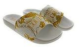 VERSACE JEANS COUTURE Baroque-Print White Slide Sandals with Gold Accent -EU43