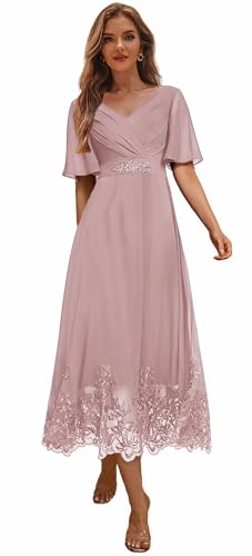 Tea Length Mother of The Bride Dresses for Women V Neck Beaded Chiffon Evening Formal Dress with Sleeves Short4