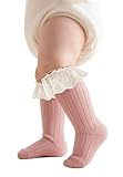 Zando Baby Girls Knee High Socks Ruffle Cuff Cotton Toddler Long Tube Infant Stockings Soft Dress Socks for Newborn Pink 6-12 Months