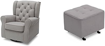 Delta Furniture Emerson Glider Swivel Rocker Chair with Tufted Gliding Ottoman, Dove Grey with Soft Grey Welt