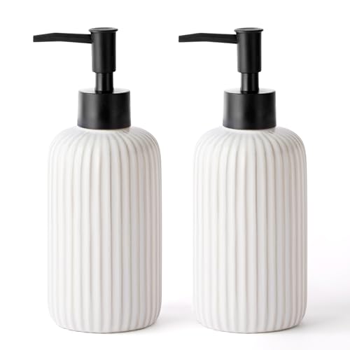 White Hand Soap Dispensers for Bathroom, 15oz Ceramic Dish Soap Dispenser for Kitchen, Refillable Liquid Pump Bottles for Shampoo, Lotion, Conditioner, Modern Farmhouse Decor for Bathroom