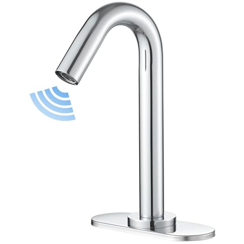 BWE Touchless Bathroom Sink Faucet,Chrome Automatic Motion Sensor Faucet,Hand-Free Electric Smart Commercial Sink Faucet,with Hole Cover Plate and Control Box,Battery or Plug-in Powered
