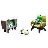Miniature Frog Figurine Statue, Help Relax Enjoying Tea Time Mini Frog Cat Collection Desk Ofiice Bedroom Decor, Healing Heart Good Mood Indoor Home Decorations with Gift Box -Watching TV