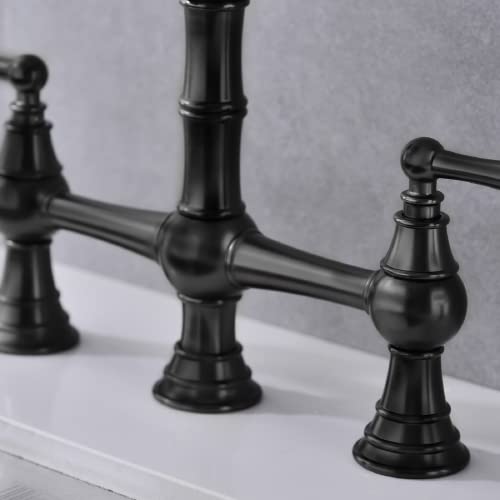 Bridge Kitchen Faucet With Side Sprayer And Two Handles, Deck Mount Solid Brass Hot Cold Water Faucet For Kitchen Sink, Matte Black #TOP6