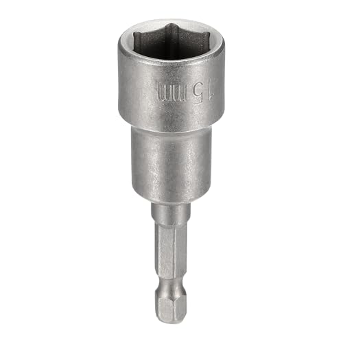 Image of sourcing map Nut Driver Drill Bit 15mm Metric Socket 1/4" Hex Shank 2.56" (65mm) Magnetic 6-Point Sockets Quick Change Cr-V Steel Bolt Setters for Power Drill Drivers, Gray