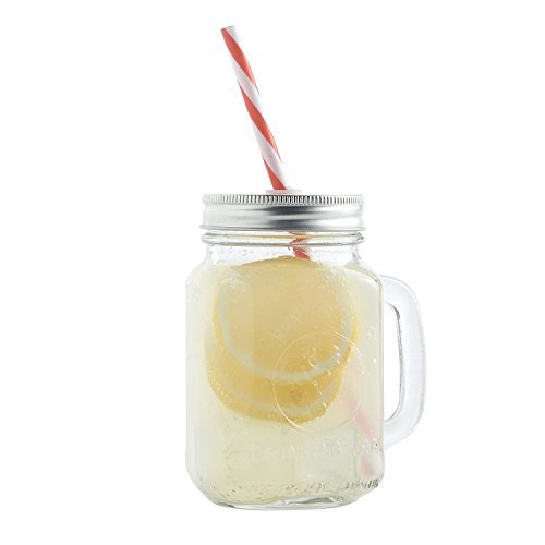 Mason Jar Mugs With Handle, Silver Lid And Plastic Straws. 16 Oz. Each. Old Fashion Drinking Glasses - Pack Of 4. By Premium Vials #TOP4